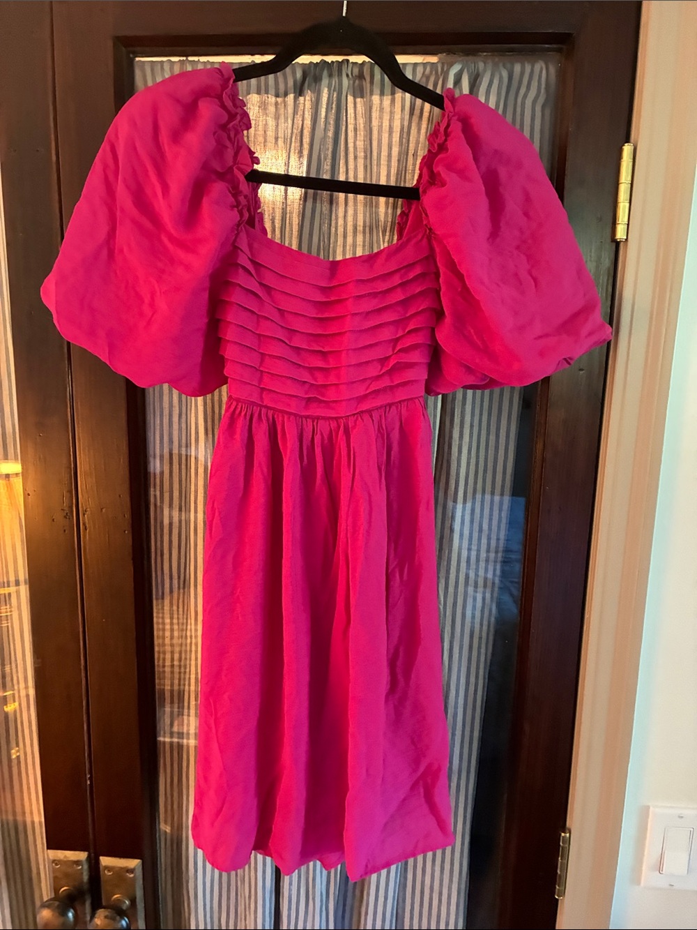Moon River Hot Pink Puff-Sleeve Pleated Bodice Dress